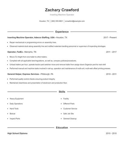 Inserting Machine Operator Resume