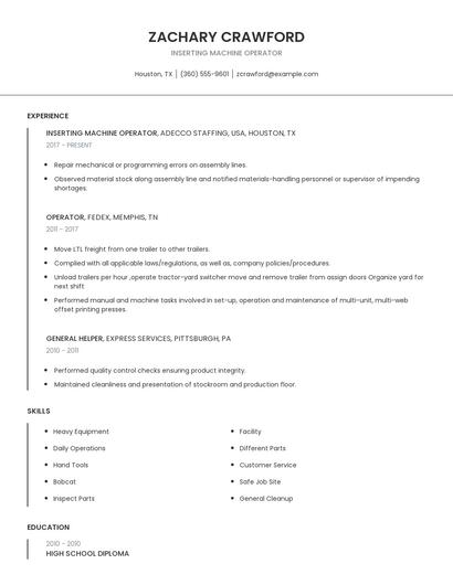 Inserting Machine Operator Resume