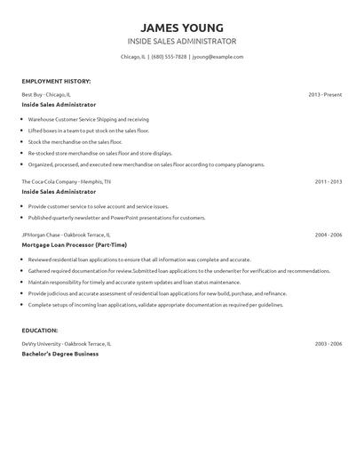 Inside Sales Administrator Resume