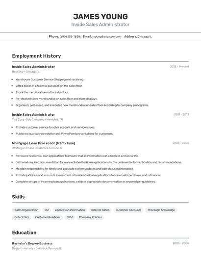 Inside Sales Administrator Resume