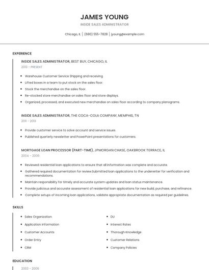Inside Sales Administrator Resume