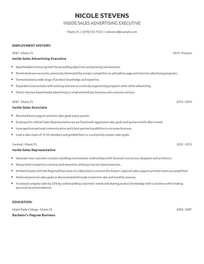 Inside Sales Advertising Executive Resume