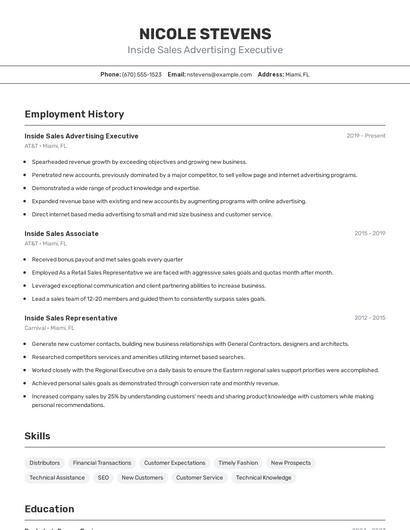 Inside Sales Advertising Executive Resume