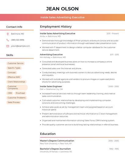 Inside Sales Advertising Executive Resume
