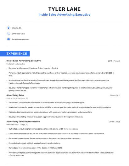 Inside Sales Advertising Executive Resume