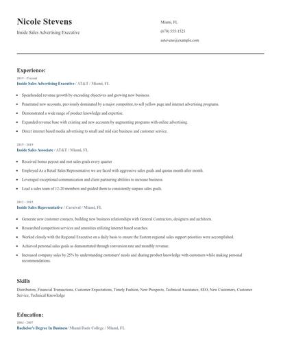 Inside Sales Advertising Executive Resume