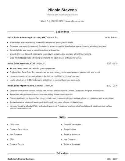 Inside Sales Advertising Executive Resume