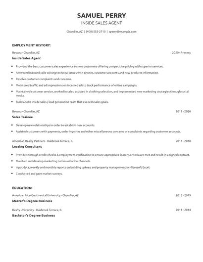 Inside Sales Agent Resume