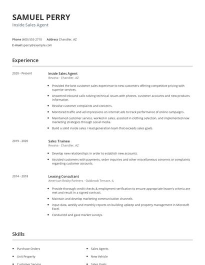 Inside Sales Agent Resume