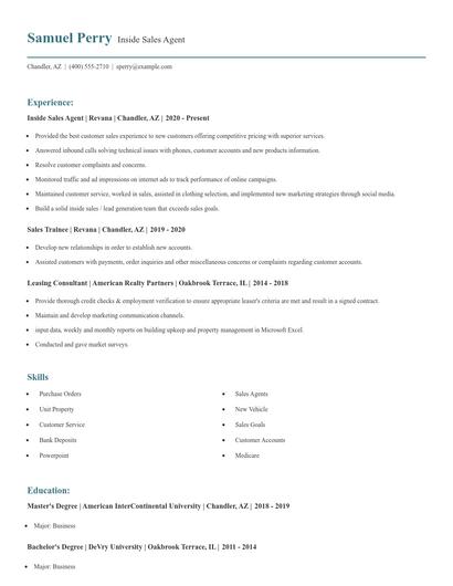 Inside Sales Agent Resume