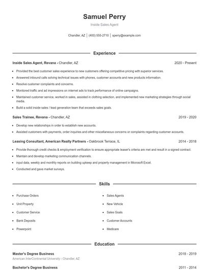 Inside Sales Agent Resume