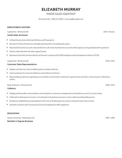 Inside Sales Assistant Resume