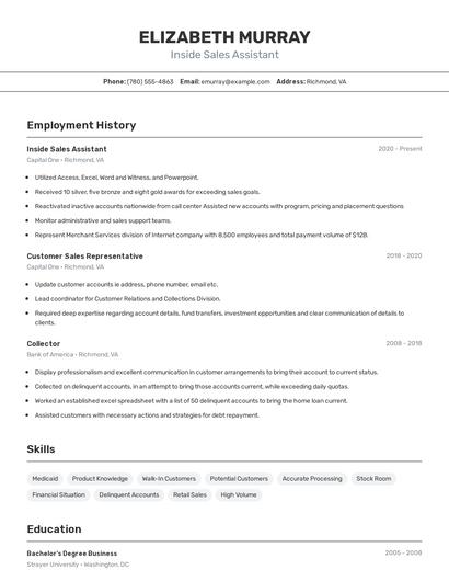 Inside Sales Assistant Resume