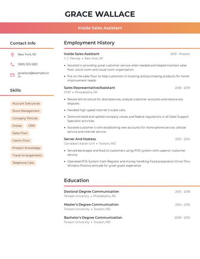 Inside Sales Assistant Resume