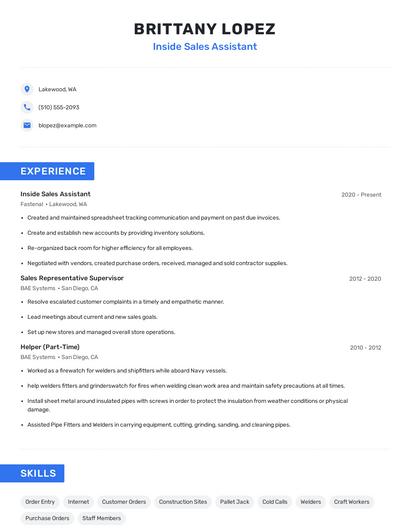 Inside Sales Assistant Resume