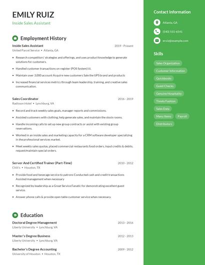 Inside Sales Assistant Resume