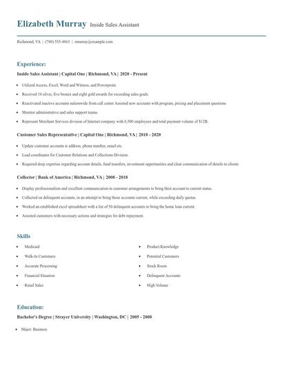 Inside Sales Assistant Resume