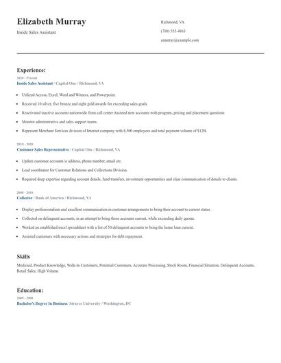 Inside Sales Assistant Resume