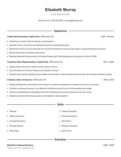 Inside Sales Assistant Resume