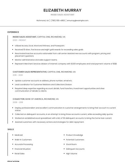 Inside Sales Assistant Resume