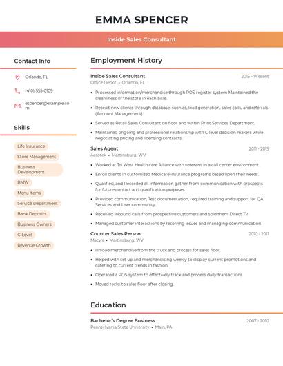 Inside Sales Consultant Resume