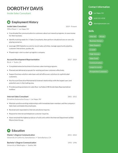 Inside Sales Consultant Resume