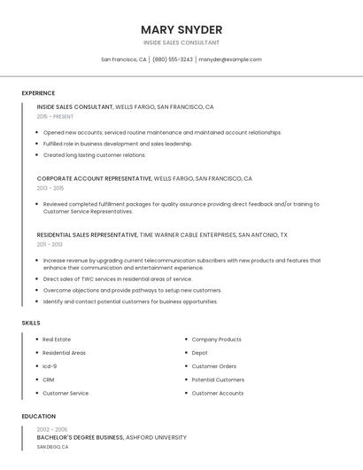 Inside Sales Consultant Resume