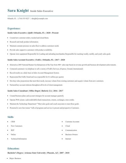 Inside Sales Executive Resume