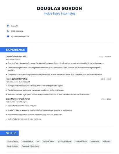 Inside Sales Internship Resume