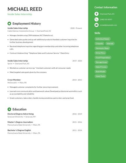 Inside Sales Internship Resume