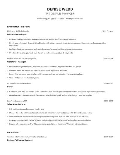 Inside Sales Manager Resume
