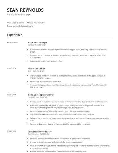 Inside Sales Manager Resume