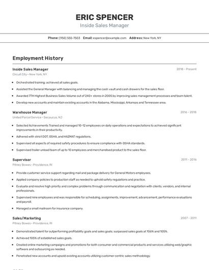Inside Sales Manager Resume
