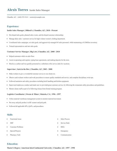 Inside Sales Manager Resume
