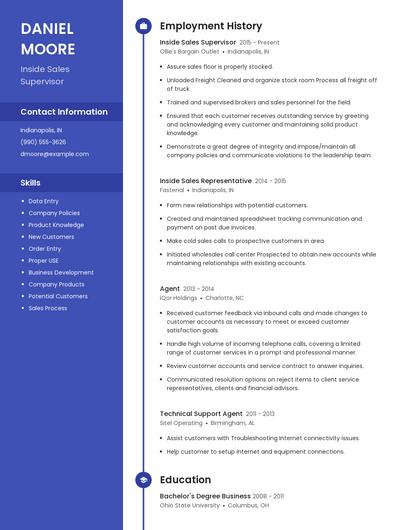 Inside Sales Supervisor Resume