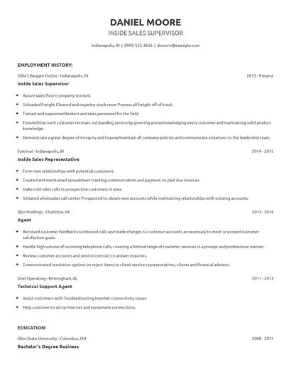Inside Sales Supervisor Resume
