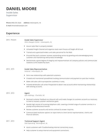 Inside Sales Supervisor Resume
