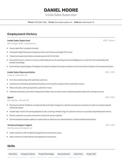 Inside Sales Supervisor Resume