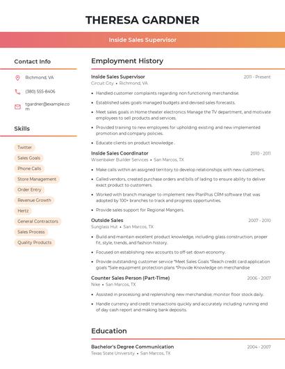 Inside Sales Supervisor Resume
