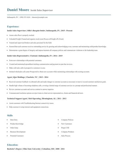 Inside Sales Supervisor Resume
