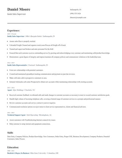 Inside Sales Supervisor Resume