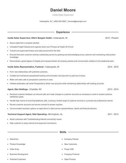 Inside Sales Supervisor Resume
