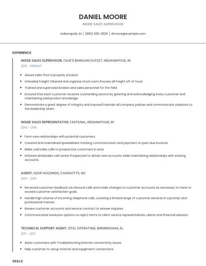 Inside Sales Supervisor Resume