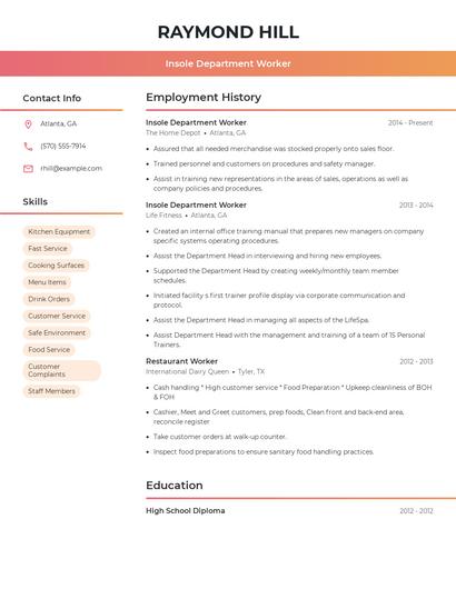 Insole Department Worker Resume