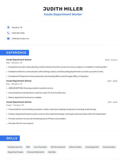 Insole Department Worker Resume