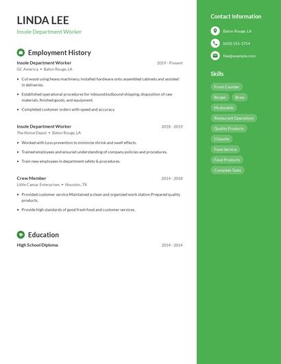 Insole Department Worker Resume
