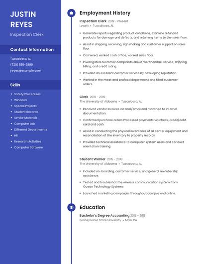 Inspection Clerk Resume
