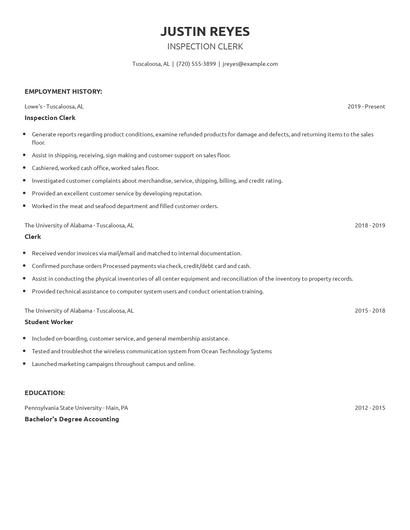 Inspection Clerk Resume