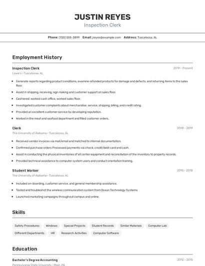 Inspection Clerk Resume