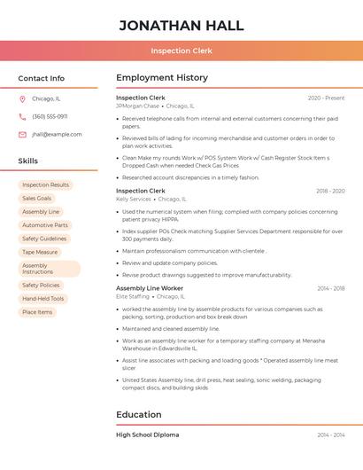 Inspection Clerk Resume